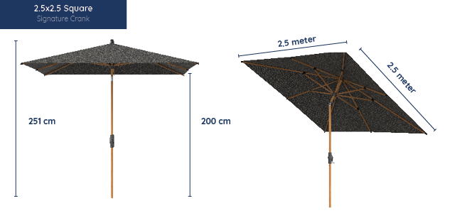 Maße des Baser Signature Kurbel-Sonnenschirms, quadratisch 2,5x2,5 Meter